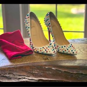 Christian Louboutin White Multicolor Spiked Pointed-Toe Pumps